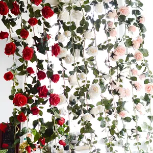 Witte Roos Wijnstokken Kunstmatige Zijden Bloemen Rose Slingers Opknoping Rose Ivy Planten Voor Wedding Kantoor Boog Arrangement Decoratie