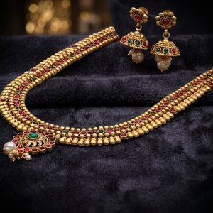 Conjunto de Collares Largos Mate Antiguos al por Mayor, Conjunto de Joyería Tradicional del Sur de la India, Joyería de Moda Chapado Mate Antiguo - Product Image 3