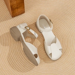 Women's Summer Sandals Mid Heel 3 5Cm Tpr Sole Top Grain Cowhide Solid Color One Word Toe Comfortable Breathable Non Slip - Product Image 1
