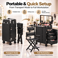 Ensemble de poste de travail cosmétique portable avec chaise de maquillage, valise de rangement à roulettes, miroir éclairé et table pliante
