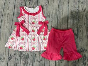 Ensemble 2 pièces décontracté pour filles, motif nœuds fraises, en tissu peigné coton-élasthanne, prêt à expédier (RTS), vente en gros - Product Image 3