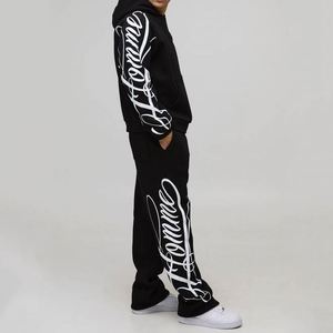 Winter Black White Graffiti Print <b>Thermal</b> 100% Cotton Hoodie Sweatpants Street Custom Men Two Piece <b>Tracksuit</b> - Product Image 2