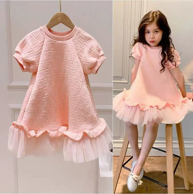 Neueste benutzer definierte Kinder kleidung rosa Farbe Modell Kleider für Mädchen Spleißen Spitze Kurzarm Kleid für Kinder für 12 Jahre