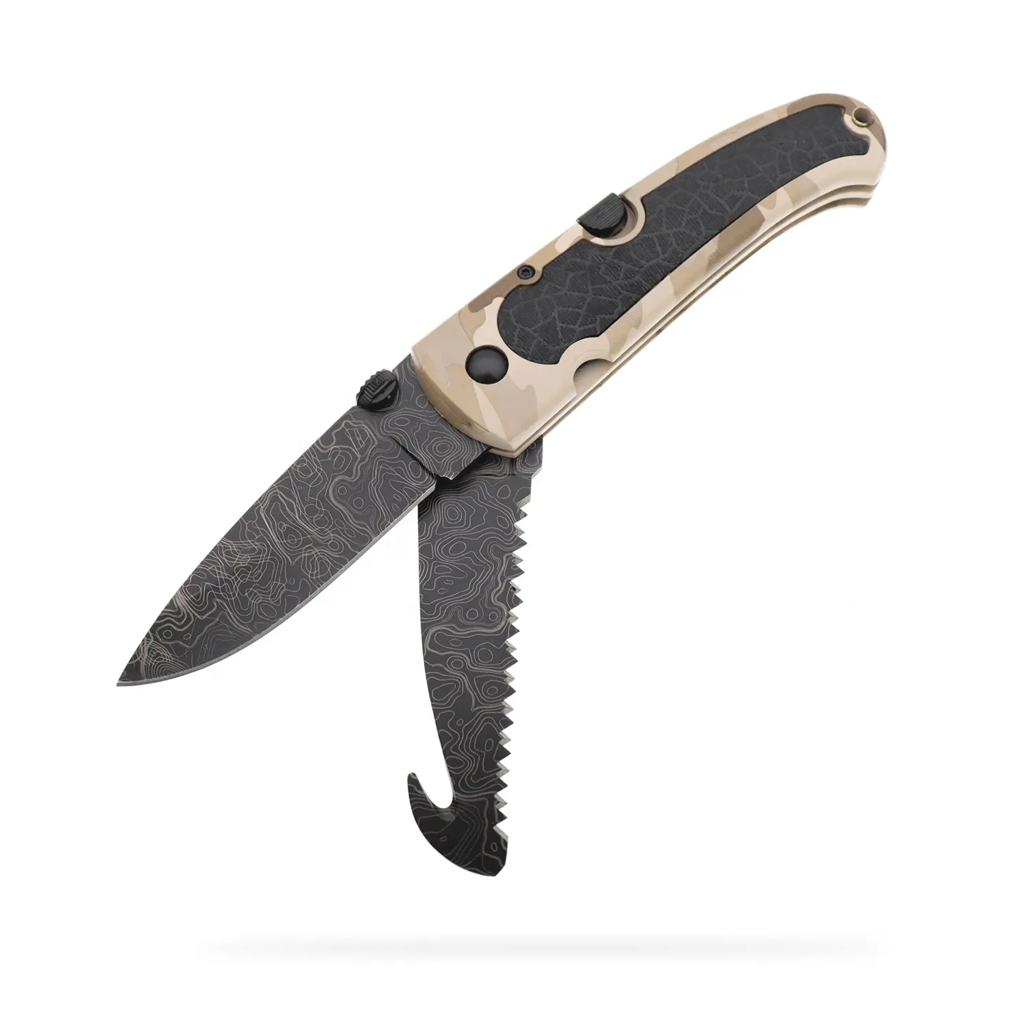 Camo Multi Blade Knife Wood Saw Lock Back Two Blade Folding Pocket Knife Stainless Steel Rubber Handle Hunting Knife for Outdoor