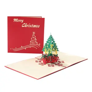 Cartão de presente customizável, cartão vermelho 3d de presente para árvore de natal, suprimentos para festa