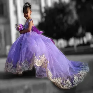 Vestidos <span class=keywords><strong>de</strong></span> Niña para Bodas en Color Morado Claro, Vestidos <span class=keywords><strong>de</strong></span> Satén con Lazo para Niñas Pequeñas, <span class=keywords><strong>Vestido</strong></span> <span class=keywords><strong>de</strong></span> Fiesta Brillante para Primera Comunión - Product Image 4