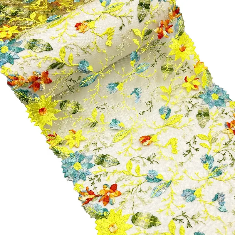 OEM-tela de encaje bordado 3D para vestido de boda, bordado Floral amarillo degradado de 24CM