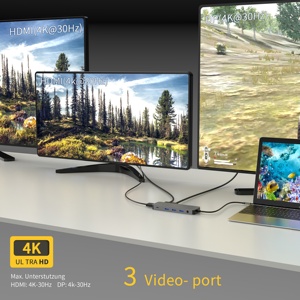 Station d'accueil Type-C 12-en-1 avec prise en charge de 2.0 et DP 4K60Hz, support pour 3 moniteurs, hub de charge USB 3.0, en aluminium, en stock - Product Image 3