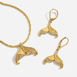 Ensemble de bijoux queue de sirène plaqué or avec collier et boucles d'oreilles en strass pour femmes, accessoires de mode pour soirée - Product Image 1