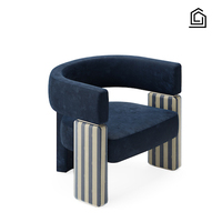 Fauteuil individuel en velours à rayures contrastées, style moderne de luxe léger, avec cadre de bras géométrique à blocs creux et garniture métallique, pour salon moderne