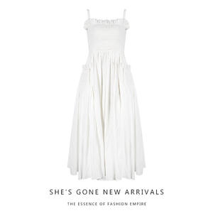 Bettergirl 2024 été nouveau français rétro blanc licou tirer-pli jupe taille longue robe amincissante - Product Image 6