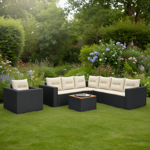 ชุดโซฟาสวนกลางแจ้งแบบโมดูลาร์ 5 ชิ้น หวายโพลีสีดำ เฟอร์นิเจอร์ลานบ้านดีไซน์ร่วมสมัยพร้อมเบาะสีครีม - Product Image 2