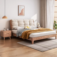 Lit plateforme en bois massif de style japonais moderne, taille Queen, avec tête de lit rembourrée douce en finition blanc crème ciré