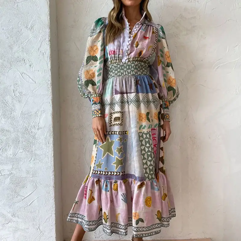 Freizeitkleidung Damenkleid langärmlig farbig Druck A-Linie Sommer einfaches Maxi-Kleid Kleidung Damenmodell Freizeitkleider