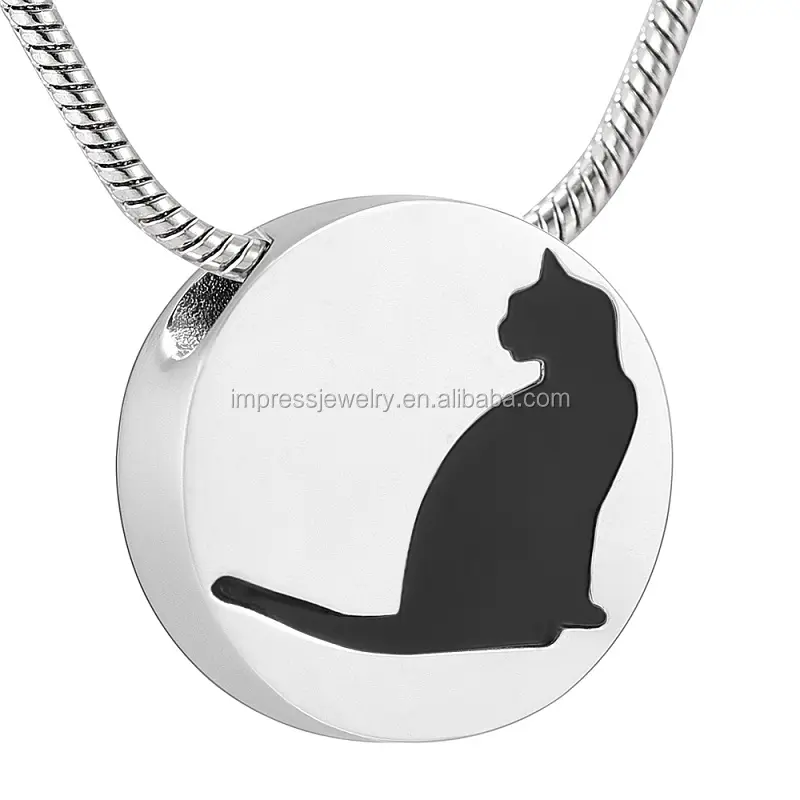 IJD10735 cat engraved in round stainless steel pendant ash keepsake custom printing cat charms for promotion cat jewelry
