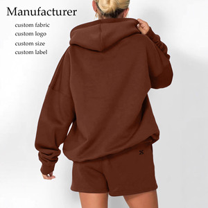ชุดเซ็ตฮู้ดดี้และกางเกงขาสั้นสองชิ้น พิมพ์โลโก้ตามสั่ง คุณภาพสูง สตรีทแวร์ เนื้อผ้าหนานุ่ม ระบายอากาศได้ดี ชุดวอร์มผู้หญิงทรงโอเวอร์ไซส์ - Product Image 2