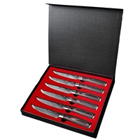 Ensemble de couteaux à steak: 6 couteaux à steak dentelés en acier inoxydable, motif damas, manche en bois