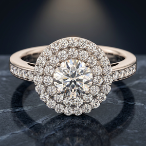 Bague de fiançailles à double halo avec diamant de laboratoire rond et pierres latérales rondes en or 10K 14K 18K et argent 925 935 - Product Image 1