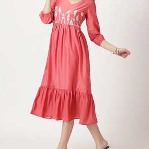 Vestido de Lino y Algodón Personalizable, Elegante, Cuello en V, Casual, Corte en A, Manga Corta, Midi, Verano, para Mujer - Product Image 1