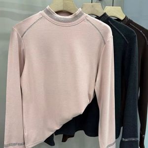 Rhinestone Velvet High Neck Long Sleeve Top For Women Slim Fit Casual Soft Inner Layer Autumn Winter Style - Product Image 3
