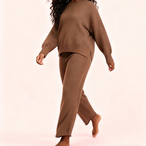 Conjunto de 2 Piezas de Moda Otoño/Invierno para Mujer, Sudadera Holgada de Punto y Pantalones Anchos de Punto - Product Image 3