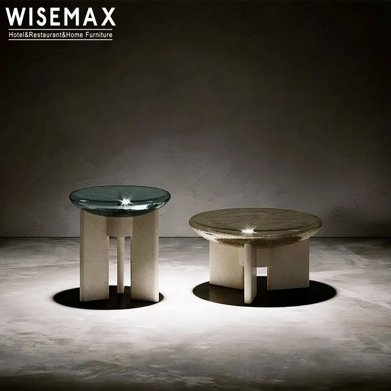 WISEMAX MUEBLES Nuevo diseño Mesa auxiliar Base de fibra de vidrio duradera Resina transparente Mesa de centro acrílica redonda para sala de estar
