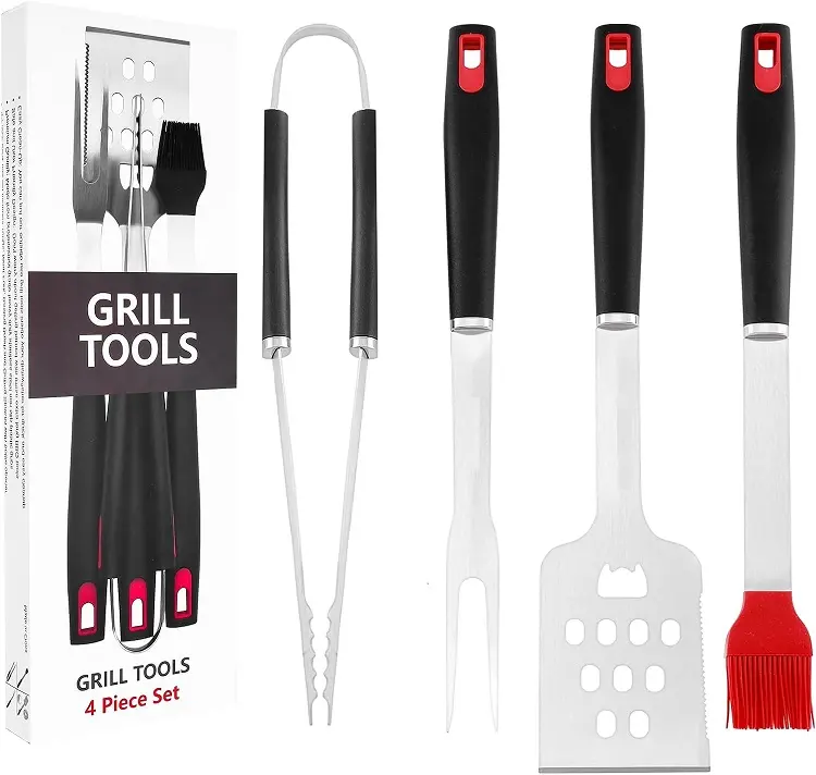 BBQ grill tools set with extra thick stainless steel fork fongs spatula complete grilling accessories in portable bag