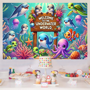 Sous la mer thème toile de fond poulpes dauphin <span class=keywords><strong>poisson</strong></span> enfants joyeux anniversaire décorations impression numérique fête fond toile de fond - Product Image 1