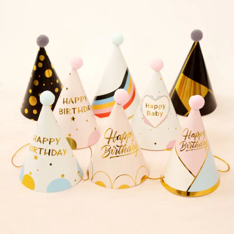 LEMON Happy Birthday Paper Hats Pompom Pink Blue Hat Baby Shower Custom Hats Birthday Boy Girl Party Toys Decoration