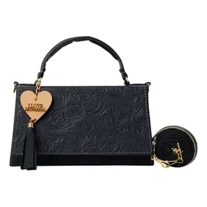 Sac messager mini Fana Oriana bleu marine avec motif floral en relief et étiquette cœur dorée pour femme, usage quotidien - Product Image 4