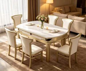 Luxury <b>Extendable</b> Marble <b>Dining</b> <b>Table</b> Set, 6 Seater with Cream Leather Chairs & Gold Frame - Product Image 2