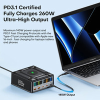 Station de charge USB C 260W 6 en 1 avec chargeur rapide PD3.1 USB-C 140W PPS 100W 45W QC3.0 et chargeur sans fil