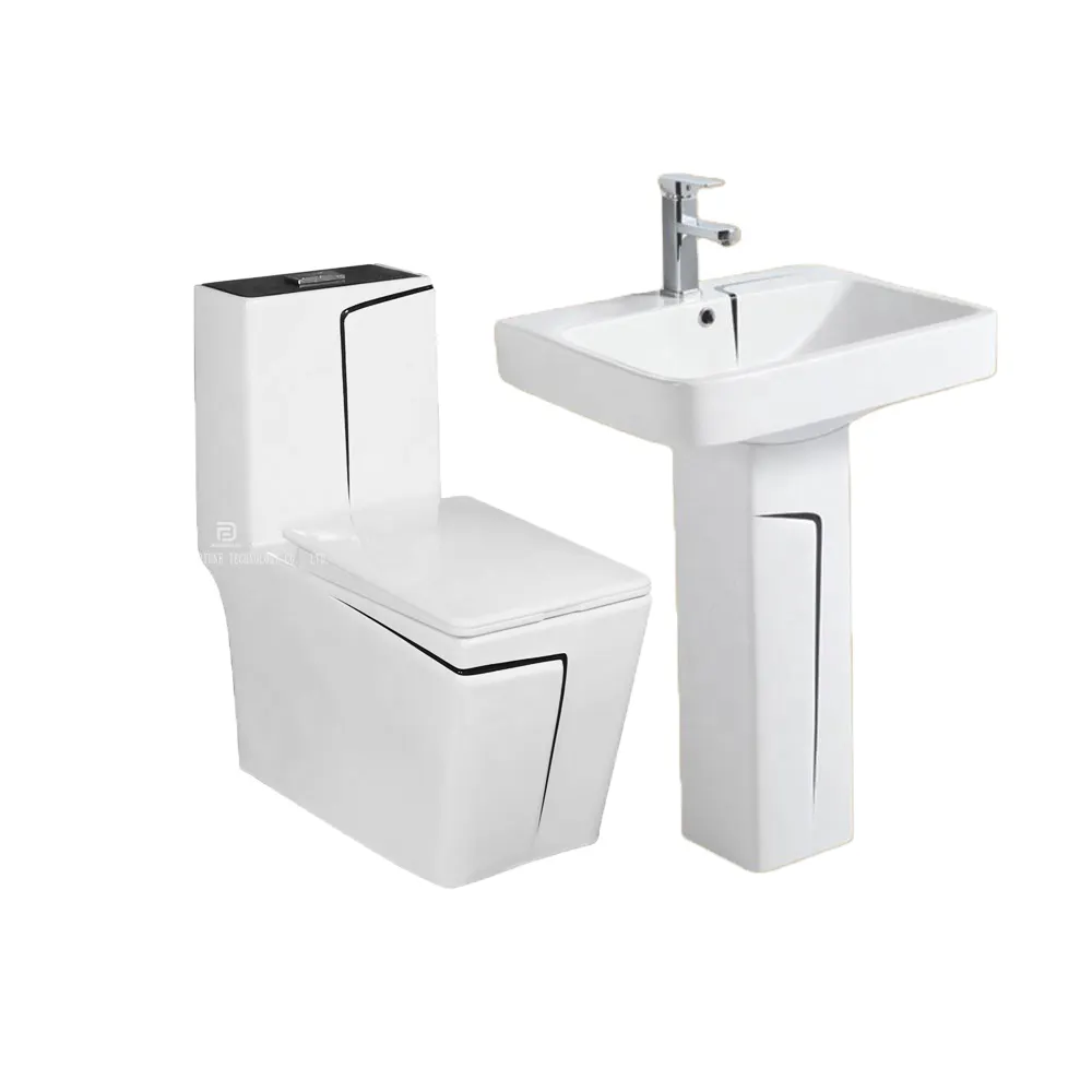 Sanitary Ware Black Line Square Toilets Sink Set Bathroom Wc Ceramic Washdown One Piece Toilet Set