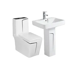 Sanitair Zwart Lijn Vierkante Toiletten Wastafel Set Badkamer Wc Keramische Washdown Één Stuk Wc-Set