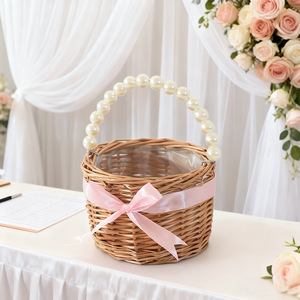 <b>Willow</b> Woven Flower <b>Basket</b> With Pearl Handle Pink Ribbon Wedding Gift <b>Basket</b> For Flower Girl Storage - Product Image 1