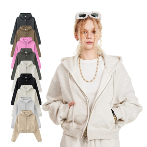 Sudadera con capucha estilo retro para mujer, color liso, lavada, con cremallera, estilo corto, para chicas modernas - Product Image 1