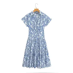 Blue and white color floral print short sleeve turn down collar casual fashion women shirt dress