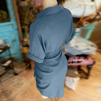 Robe chemise bleu poudré sur mesure OEM, froncée, à taille nouée, simple boutonnage, col, manches courtes, élégante, décontractée pour femme, été