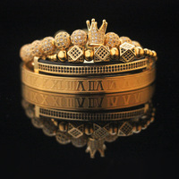 Ensemble de bracelets en acier titane vintage avec couronne en zircon incrustée de cuivre à lettres romaines transfrontalières, bracelet ouvert en maille électro-plaqué