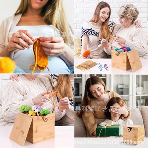 Bamboo Yarn <b>Storage</b> Box Square Wooden Wool <b>Knitting</b> Organizer Natural Wood Color Standing Type - Product Image 2