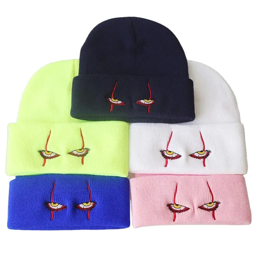 Pennywise Scary Eyes Horror Knitted Hat Warm Hip-Hop Hat Woolen Cap Winter Hats For Women Pink Gradient Beanie