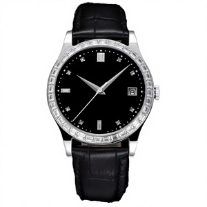Reloj de Lujo para Hombre de Acero Inoxidable con Correa de Cuero Negra y Bisel de Diamantes, Esfera Redonda de 38 mm con Visualización de Fecha - Product Image 2