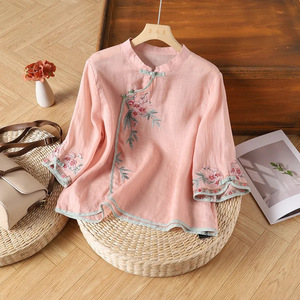 Yellow Cotton Linen Blouse Women Three Quarter Sleeve Embroidery Stand Collar Asymmetrical Placket Frog Button Top Everyday Wear - Product Image 3