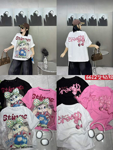 T-Shirt Grafica Estiva da Donna in Puro Cotone, Traspirante, con Logo Personalizzato, Stile Y2K, Strass e Cartoni Animati, Oversize - Product Image 3