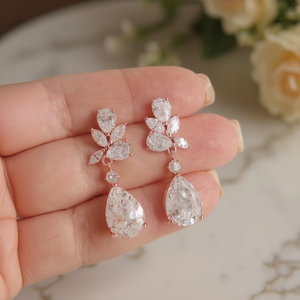 Pendientes de Cristal con Baño de Oro Rosa y Circonitas, Diseño Romántico de Gota de Agua, Engaste de Garra, Perfectos para Bodas y Otras Ocasiones - Product Image 2