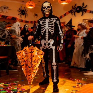 Halloween Windproof Black Fiberglass Golf <b>Umbrella</b> Long Straight Handle 130cm Open Diameter Jack O Lantern Bat Spider Web Design - Product Image 1