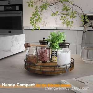 Wooden <b>Rotating</b> Tray Round Kitchen <b>Spice</b> <b>Rack</b> Desktop Storage Organizer Multifunction Varnished Finish - Product Image 2