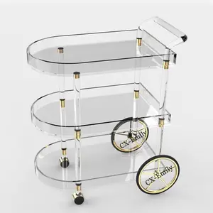 2023 Easy Assembly Hotel Furniture Clear Acrylic Bar cart 3 Shelves Tier Rolling Kitchen Food Serving Trolley Cart