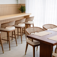 Chaise de salle à manger en bois massif et rotin, tabouret de bar rembourré de style mid-century pour restaurant et café