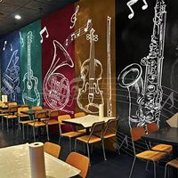 Peinture murale personnalisable style Art déco, motif notes de musique, saxophone, batterie, guitare, groupe de jazz, color block, pour intérieur industriel